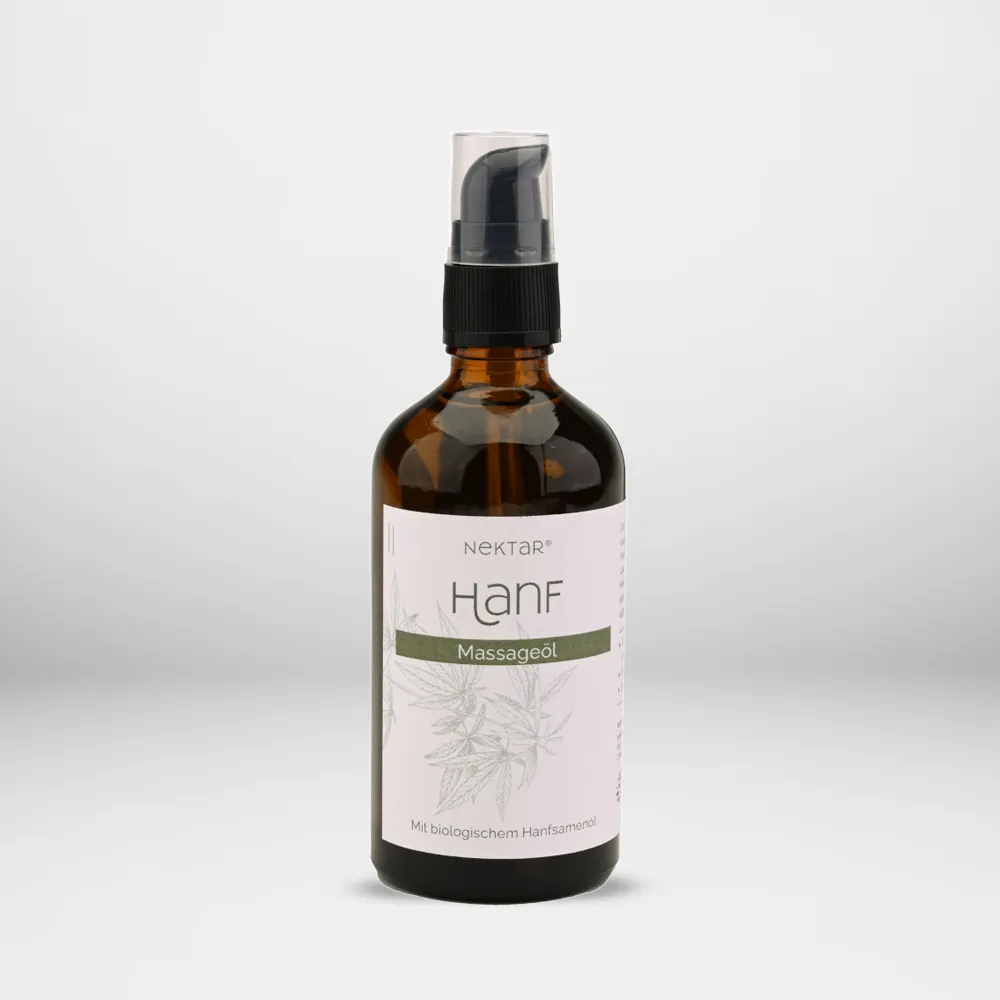 Hanf Massageöl von Nektar in brauner Glasflasche mit Pumpspender
