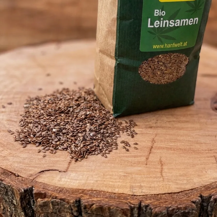 Bio Leinsamen: offene Tüte und Leinsamen auf einer Holzscheibe